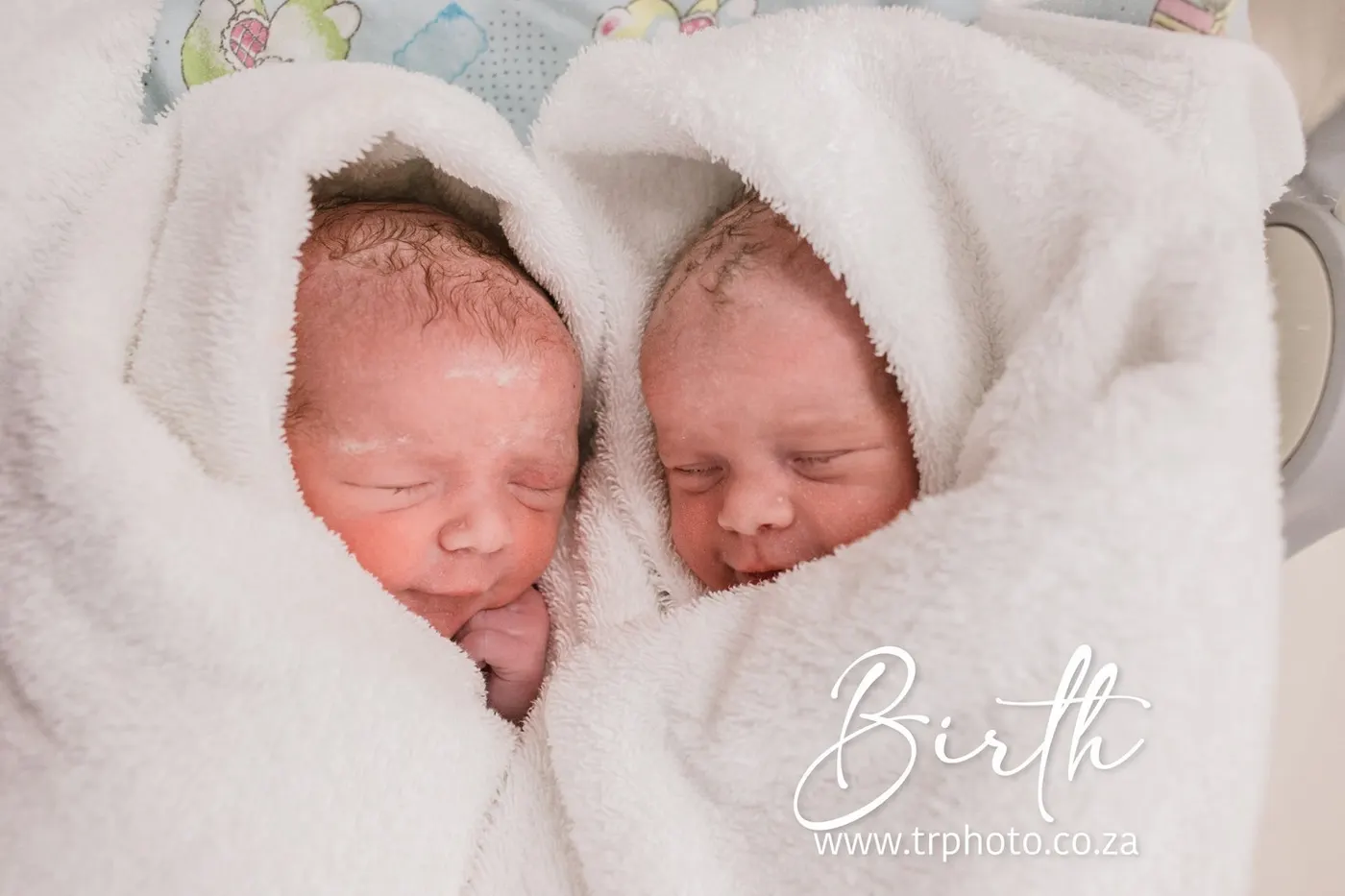 Newborn twins wrapped side by side